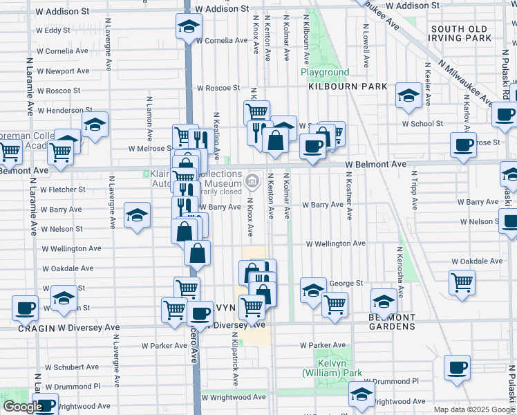 map of restaurants, bars, coffee shops, grocery stores, and more near 3053 North Knox Avenue in Chicago