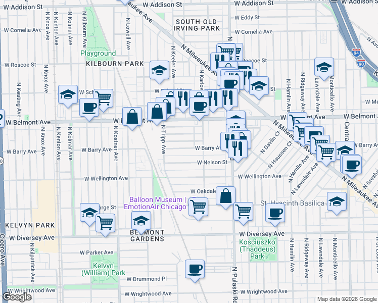 map of restaurants, bars, coffee shops, grocery stores, and more near 4123 West Barry Avenue in Chicago