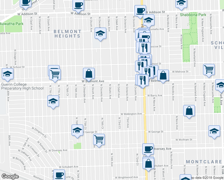 map of restaurants, bars, coffee shops, grocery stores, and more near 3123 North Oketo Avenue in Chicago