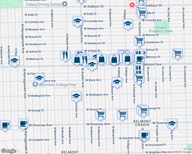 map of restaurants, bars, coffee shops, grocery stores, and more near 5900 West Barry Avenue in Chicago