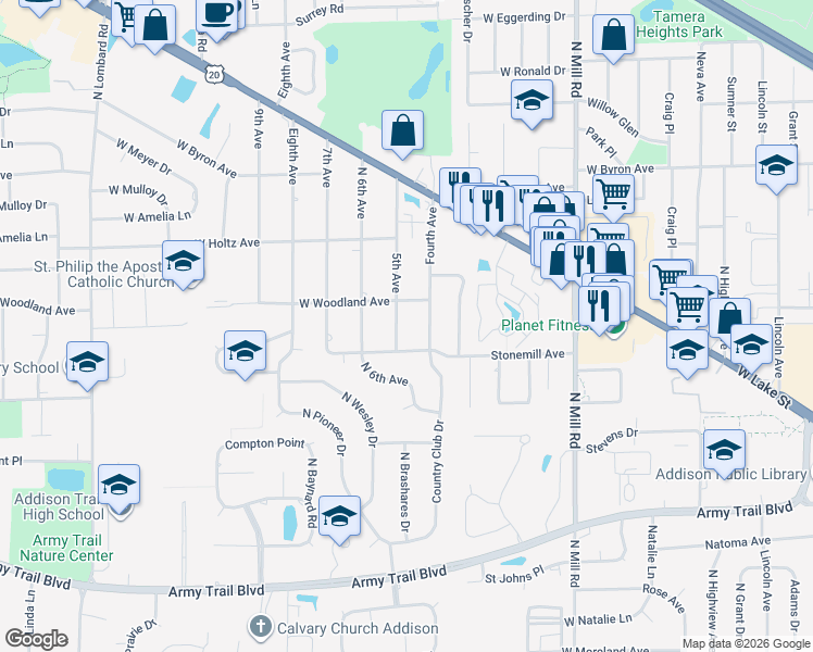 map of restaurants, bars, coffee shops, grocery stores, and more near 4N151 5th Avenue in Addison