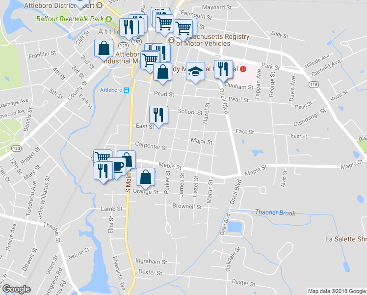 map of restaurants, bars, coffee shops, grocery stores, and more near 50 Carpenter Street in Attleboro