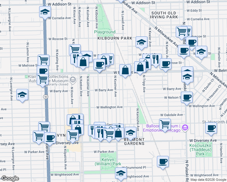 map of restaurants, bars, coffee shops, grocery stores, and more near 3059 North Kenneth Avenue in Chicago