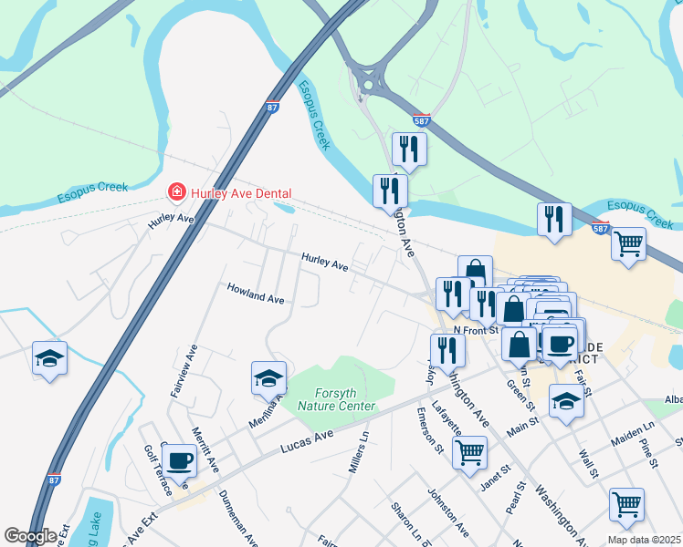 map of restaurants, bars, coffee shops, grocery stores, and more near 98 Hurley Avenue in Kingston