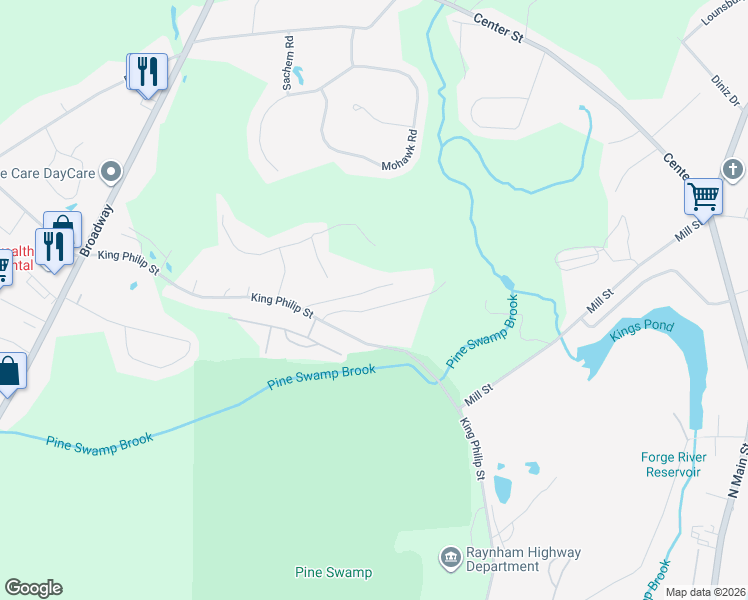 map of restaurants, bars, coffee shops, grocery stores, and more near 60 High Ridge Drive in Raynham