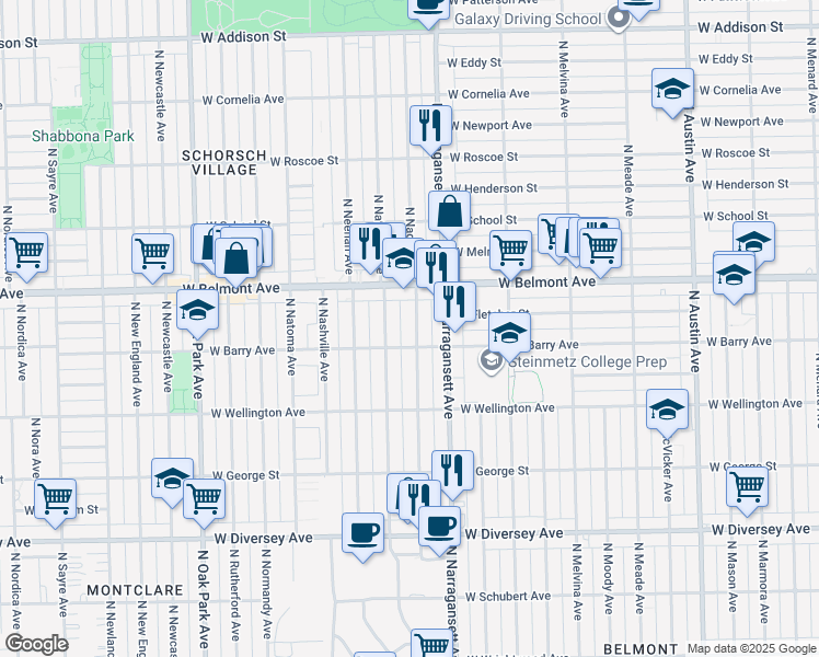 map of restaurants, bars, coffee shops, grocery stores, and more near 3116 North Nagle Avenue in Chicago