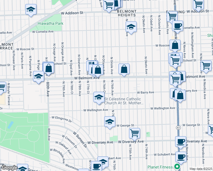 map of restaurants, bars, coffee shops, grocery stores, and more near 3121 North 76th Court in Chicago