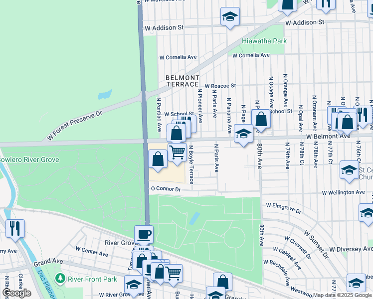 map of restaurants, bars, coffee shops, grocery stores, and more near 3144 North Boyle Terrace in River Grove