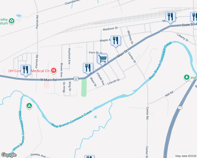 map of restaurants, bars, coffee shops, grocery stores, and more near 987 Main Street in Conneaut