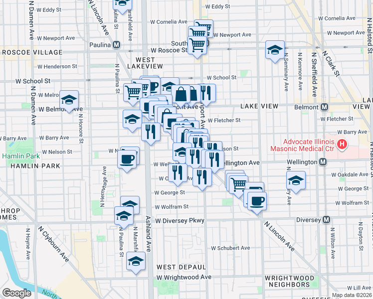 map of restaurants, bars, coffee shops, grocery stores, and more near 3029 North Lincoln Avenue in Chicago