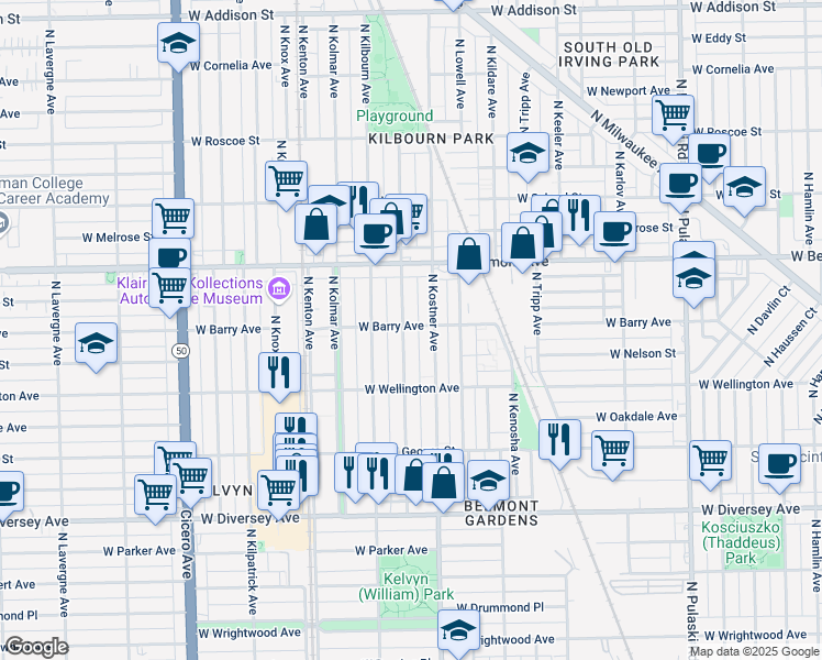 map of restaurants, bars, coffee shops, grocery stores, and more near 3059 North Kenneth Avenue in Chicago