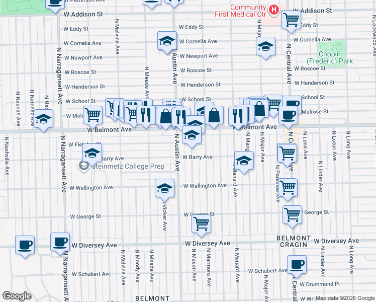 map of restaurants, bars, coffee shops, grocery stores, and more near 3110 North Mason Avenue in Chicago