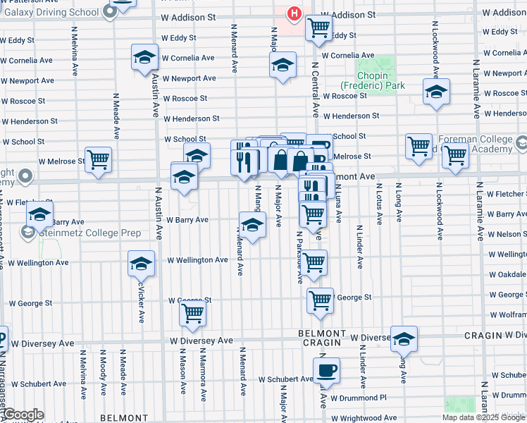 map of restaurants, bars, coffee shops, grocery stores, and more near 3107 North Mango Avenue in Chicago