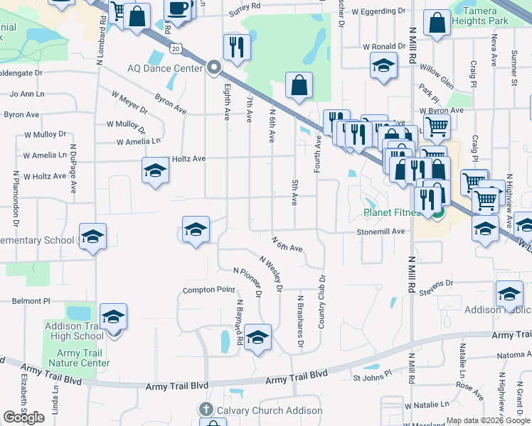 map of restaurants, bars, coffee shops, grocery stores, and more near 540 North 6th Avenue in Addison