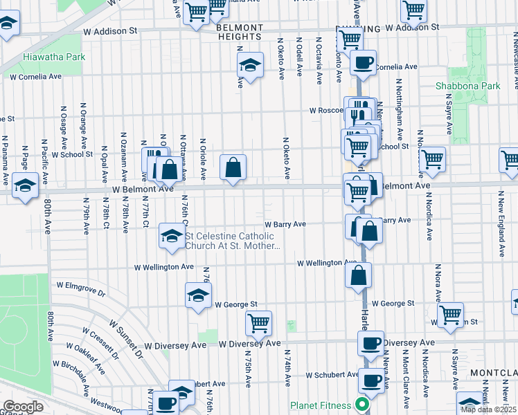 map of restaurants, bars, coffee shops, grocery stores, and more near 3126 North Osceola Avenue in Chicago