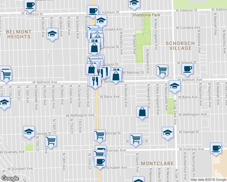 map of restaurants, bars, coffee shops, grocery stores, and more near 3118 North Nottingham Avenue in Chicago