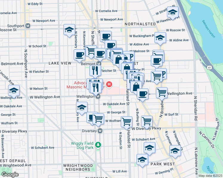 map of restaurants, bars, coffee shops, grocery stores, and more near 836 West Wellington Avenue in Chicago