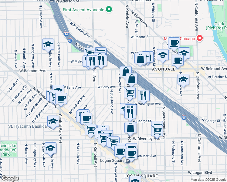 map of restaurants, bars, coffee shops, grocery stores, and more near 3045 North Spaulding Avenue in Chicago