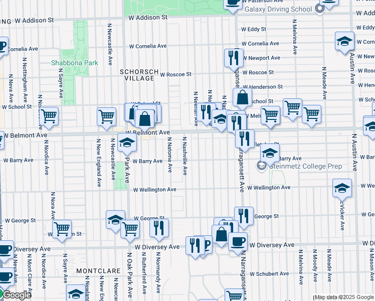 map of restaurants, bars, coffee shops, grocery stores, and more near 3115 North Nashville Avenue in Chicago