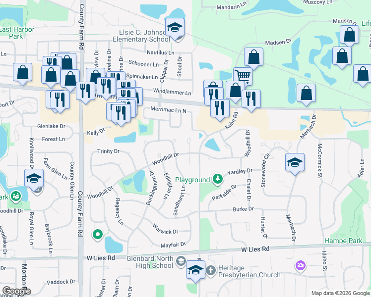 map of restaurants, bars, coffee shops, grocery stores, and more near 1174 Scott Court in Carol Stream