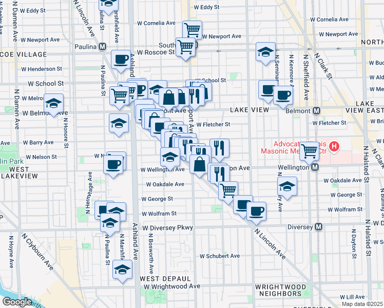 map of restaurants, bars, coffee shops, grocery stores, and more near North Southport Avenue in Chicago