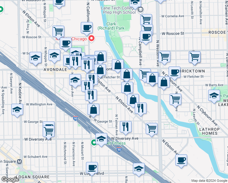 map of restaurants, bars, coffee shops, grocery stores, and more near 3059 N Elston Ave in Chicago