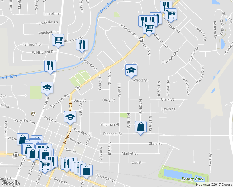 map of restaurants, bars, coffee shops, grocery stores, and more near 821 North 10th Street in DeKalb