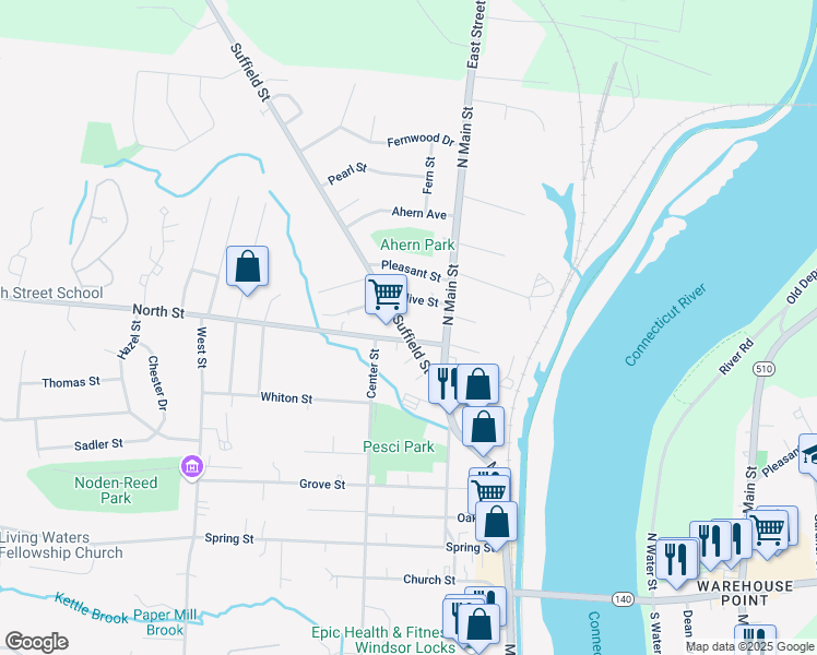 map of restaurants, bars, coffee shops, grocery stores, and more near 17 Suffield Street in Windsor Locks