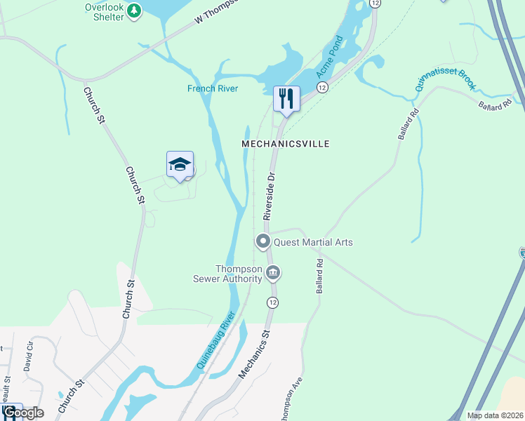 map of restaurants, bars, coffee shops, grocery stores, and more near 78 Riverside Drive in Thompson