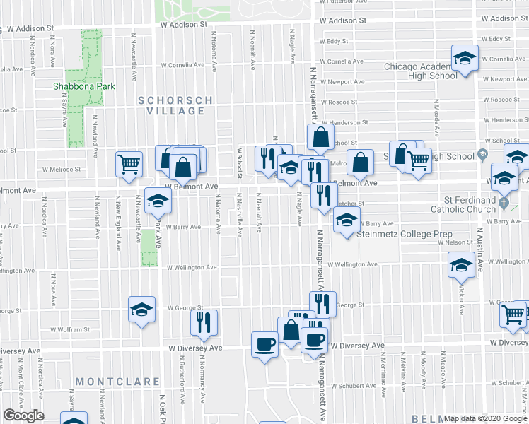 map of restaurants, bars, coffee shops, grocery stores, and more near 3119 North Neenah Avenue in Chicago