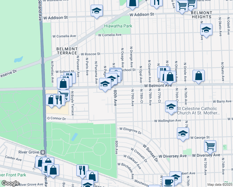 map of restaurants, bars, coffee shops, grocery stores, and more near 7944 West Fletcher Street in Elmwood Park