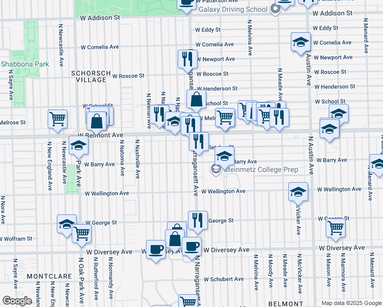 map of restaurants, bars, coffee shops, grocery stores, and more near 3116 North Narragansett Avenue in Chicago