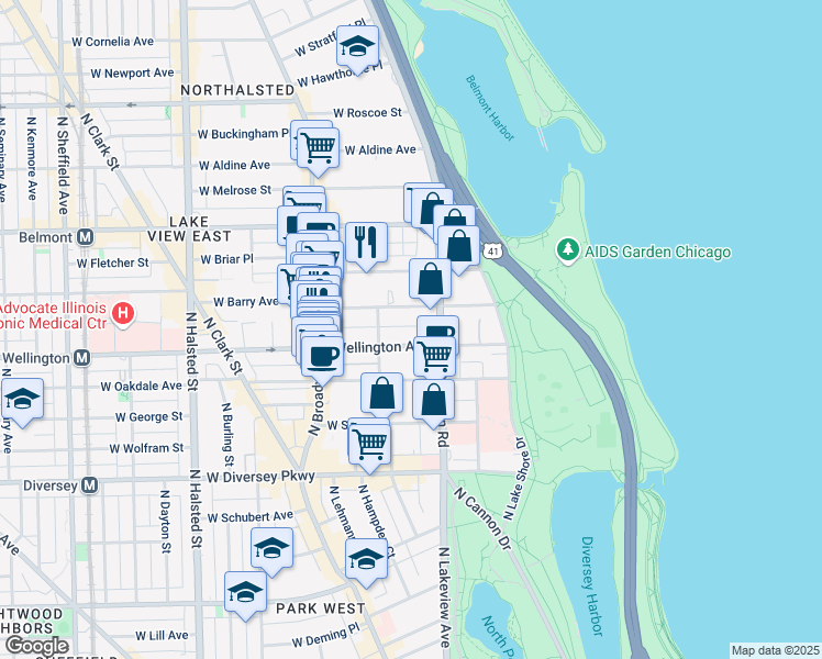 map of restaurants, bars, coffee shops, grocery stores, and more near 428 West Wellington Avenue in Chicago