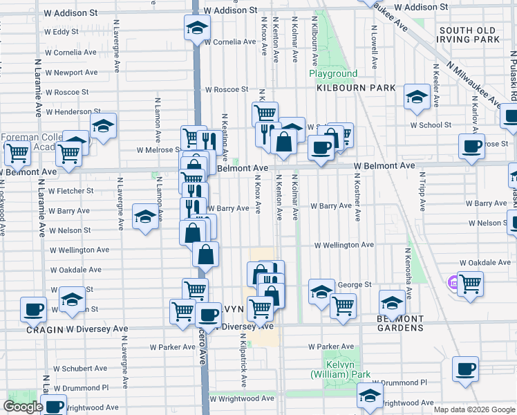 map of restaurants, bars, coffee shops, grocery stores, and more near W Barry Ave & N Knox Ave in Chicago
