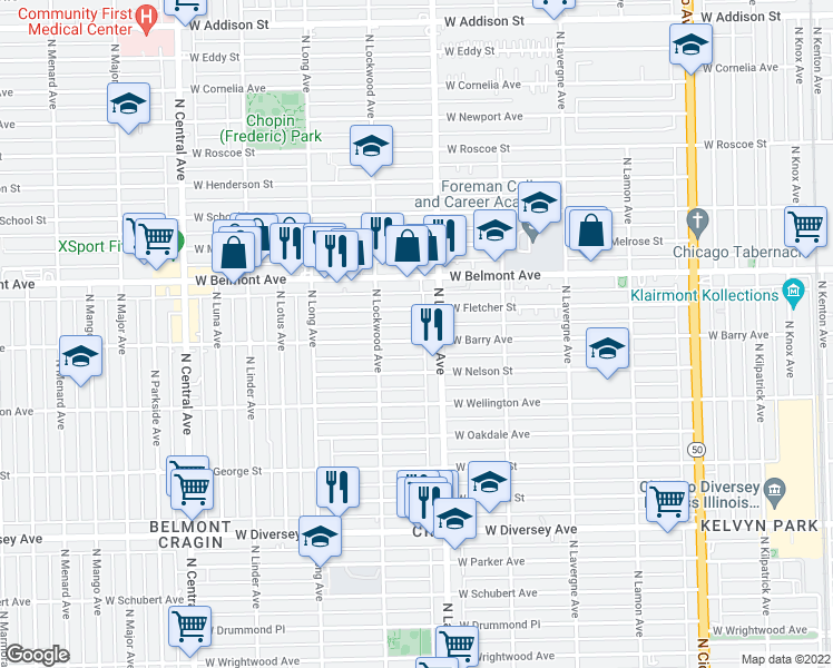 map of restaurants, bars, coffee shops, grocery stores, and more near 5220 West Barry Avenue in Chicago