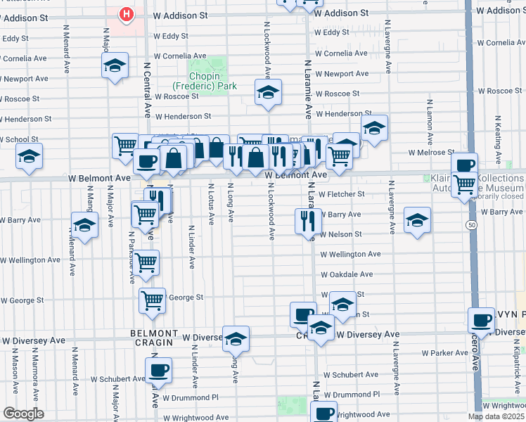 map of restaurants, bars, coffee shops, grocery stores, and more near 5310 West Barry Avenue in Chicago