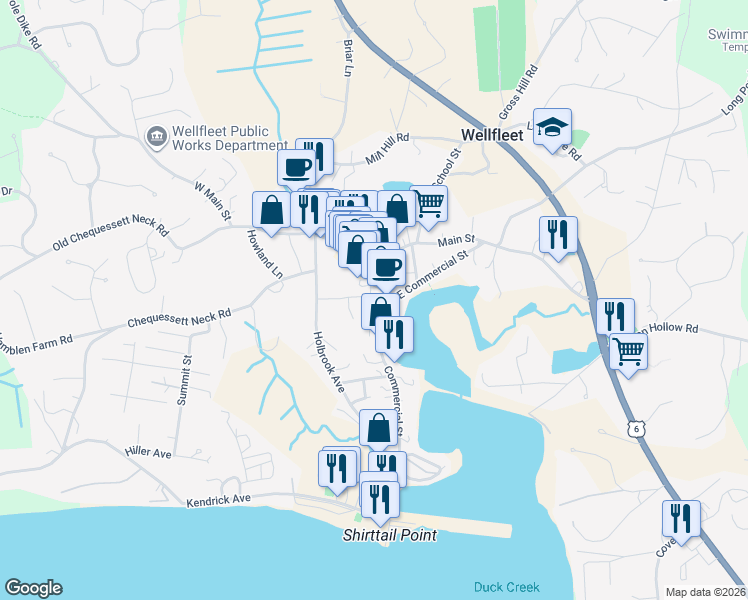 map of restaurants, bars, coffee shops, grocery stores, and more near 215 Baker Avenue in Wellfleet