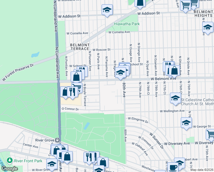 map of restaurants, bars, coffee shops, grocery stores, and more near 3121 Paris Avenue in River Grove