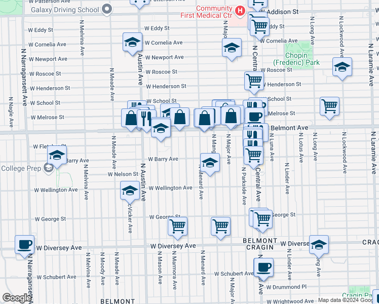 map of restaurants, bars, coffee shops, grocery stores, and more near 3111 North Monitor Avenue in Chicago