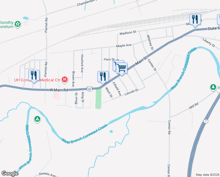 map of restaurants, bars, coffee shops, grocery stores, and more near 987 Main Street in Conneaut