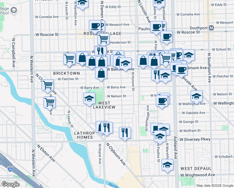 map of restaurants, bars, coffee shops, grocery stores, and more near 1912 West Nelson Street in Chicago