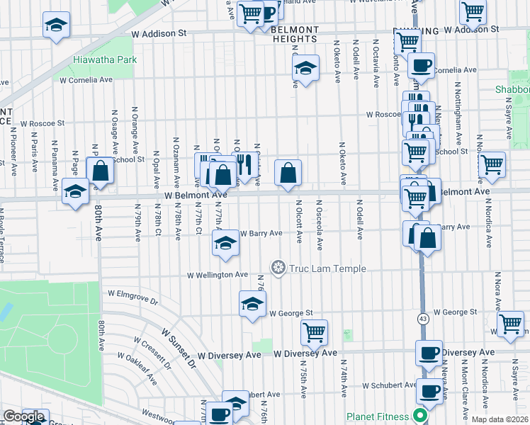 map of restaurants, bars, coffee shops, grocery stores, and more near 3131 North Oriole Avenue in Chicago