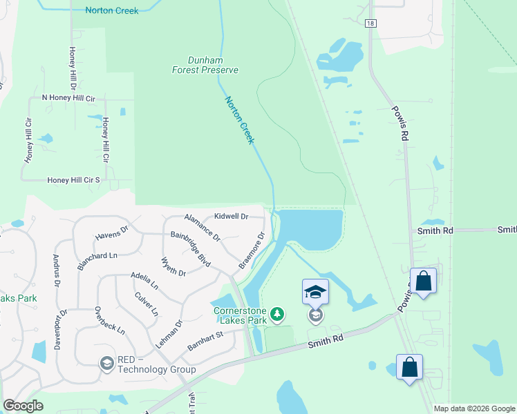 map of restaurants, bars, coffee shops, grocery stores, and more near 3032 Braemore Drive in West Chicago