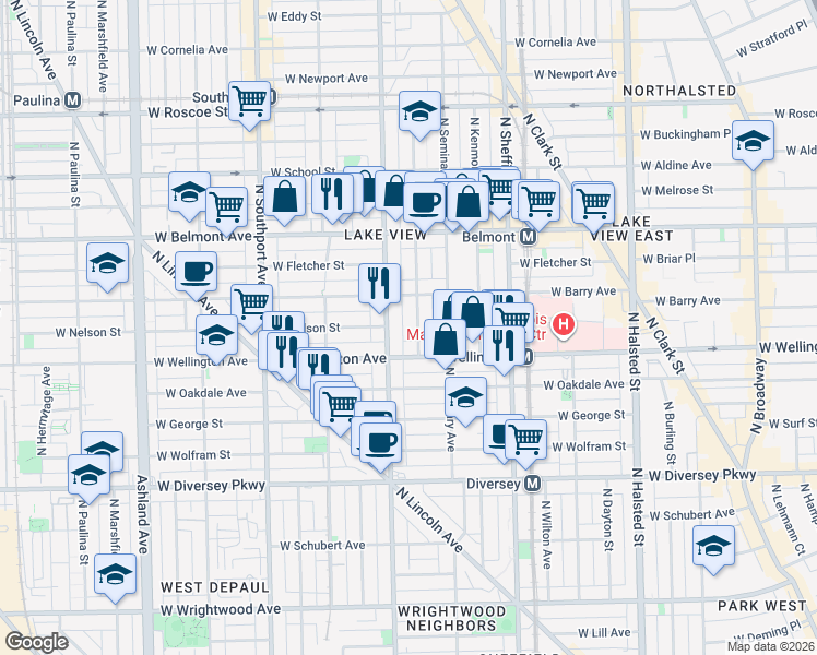 map of restaurants, bars, coffee shops, grocery stores, and more near 3025 North Racine Avenue in Chicago