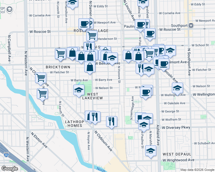 map of restaurants, bars, coffee shops, grocery stores, and more near 1912 West Nelson Street in Chicago