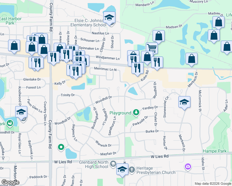 map of restaurants, bars, coffee shops, grocery stores, and more near 1174 Scott Court in Carol Stream