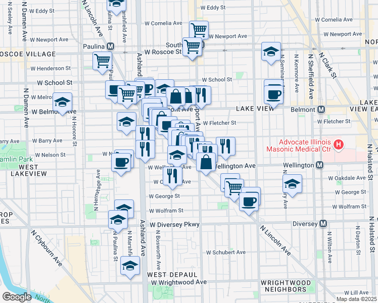 map of restaurants, bars, coffee shops, grocery stores, and more near 3033 North Lincoln Avenue in Chicago