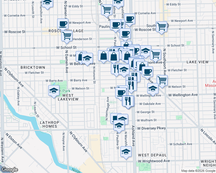 map of restaurants, bars, coffee shops, grocery stores, and more near 1730 West Nelson Street in Chicago