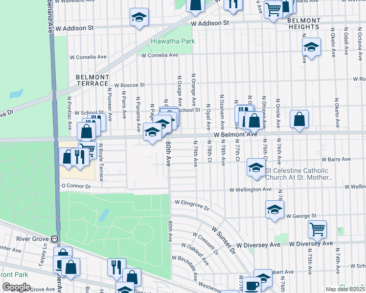 map of restaurants, bars, coffee shops, grocery stores, and more near 7920 West Fletcher Street in Elmwood Park