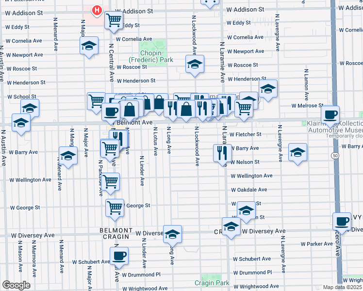 map of restaurants, bars, coffee shops, grocery stores, and more near 5334 W Barry Ave in Chicago